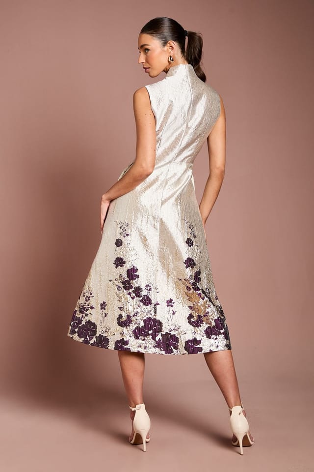 Coast Coast Women's Notch Neck Floral Border Print Jacquard Midi Dress in Champagne - 3