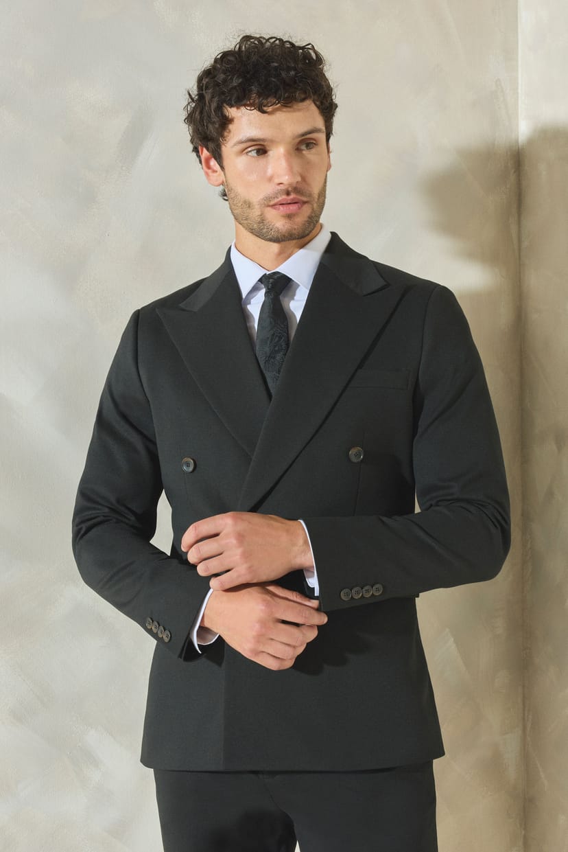 Burton Burton Men's Black Textured Wide Lapel Double Breasted Blazer - 1