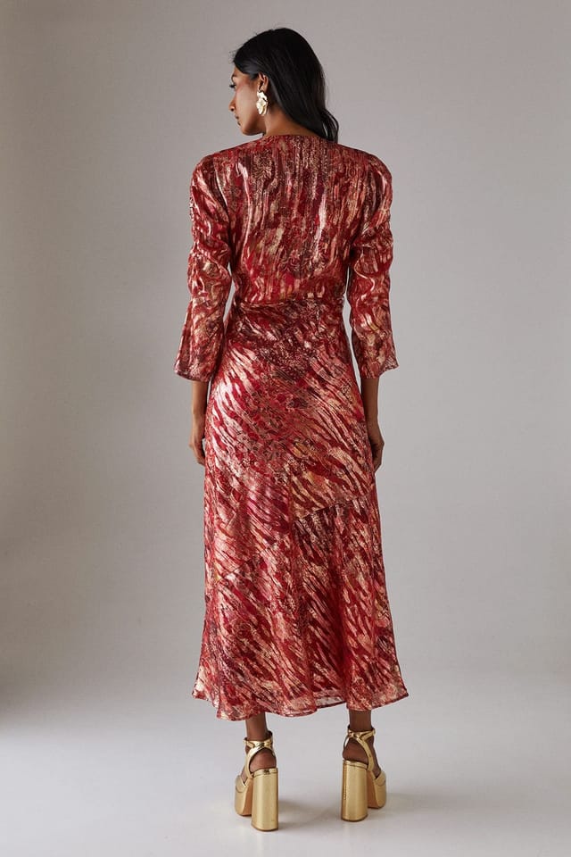 Warehouse Warehouse Women's Metallic Jacquard Ruched Sleeve Plunge Neck Bias Midi Dress in Floral - 3