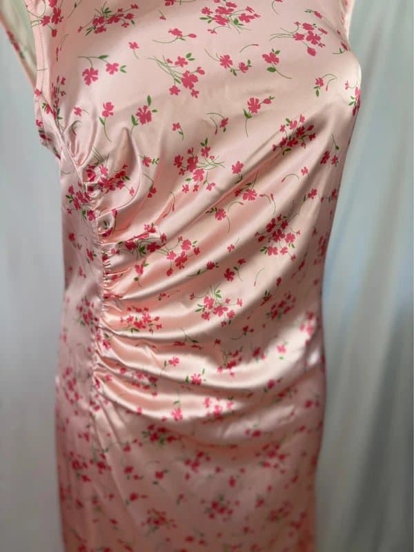 YAS UK 16 Pink Floral Satin Ruched Side Split Maxi Dress 90s Inspired