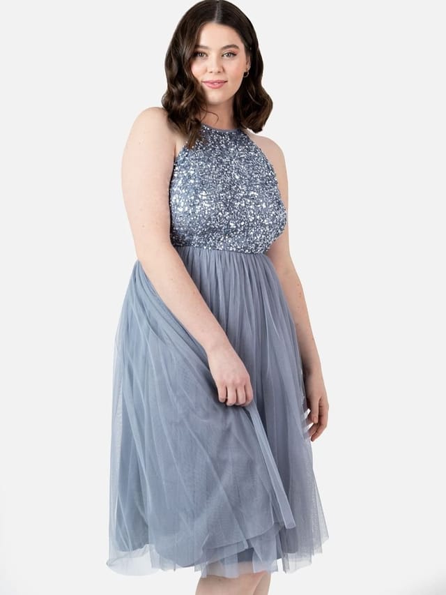 Maya Deluxe Maya Deluxe Women's Embellished Halter Neck Midi Dress in Blue - 2