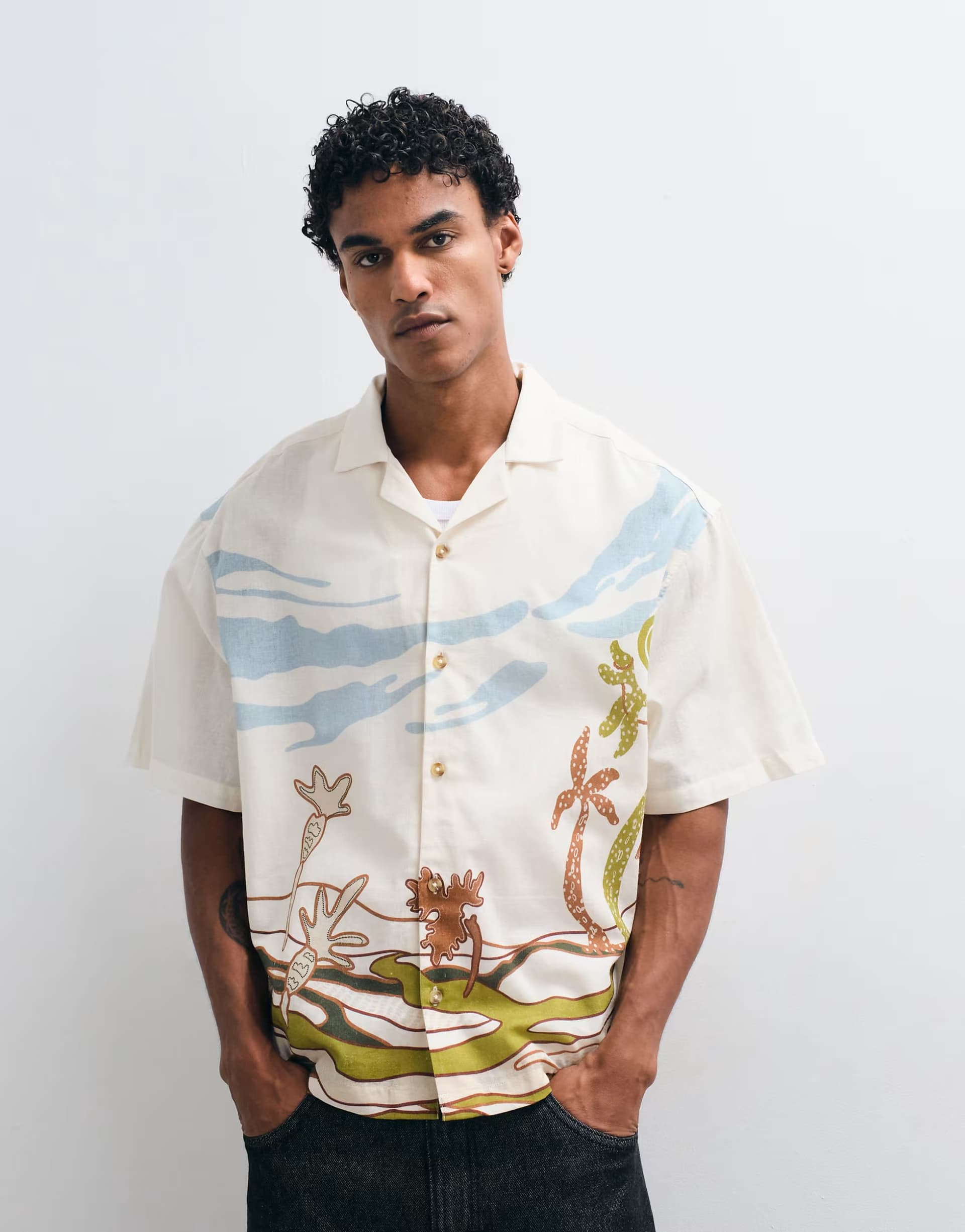 ASOS ASOS DESIGN boxy oversized printed shirt with linen in multi