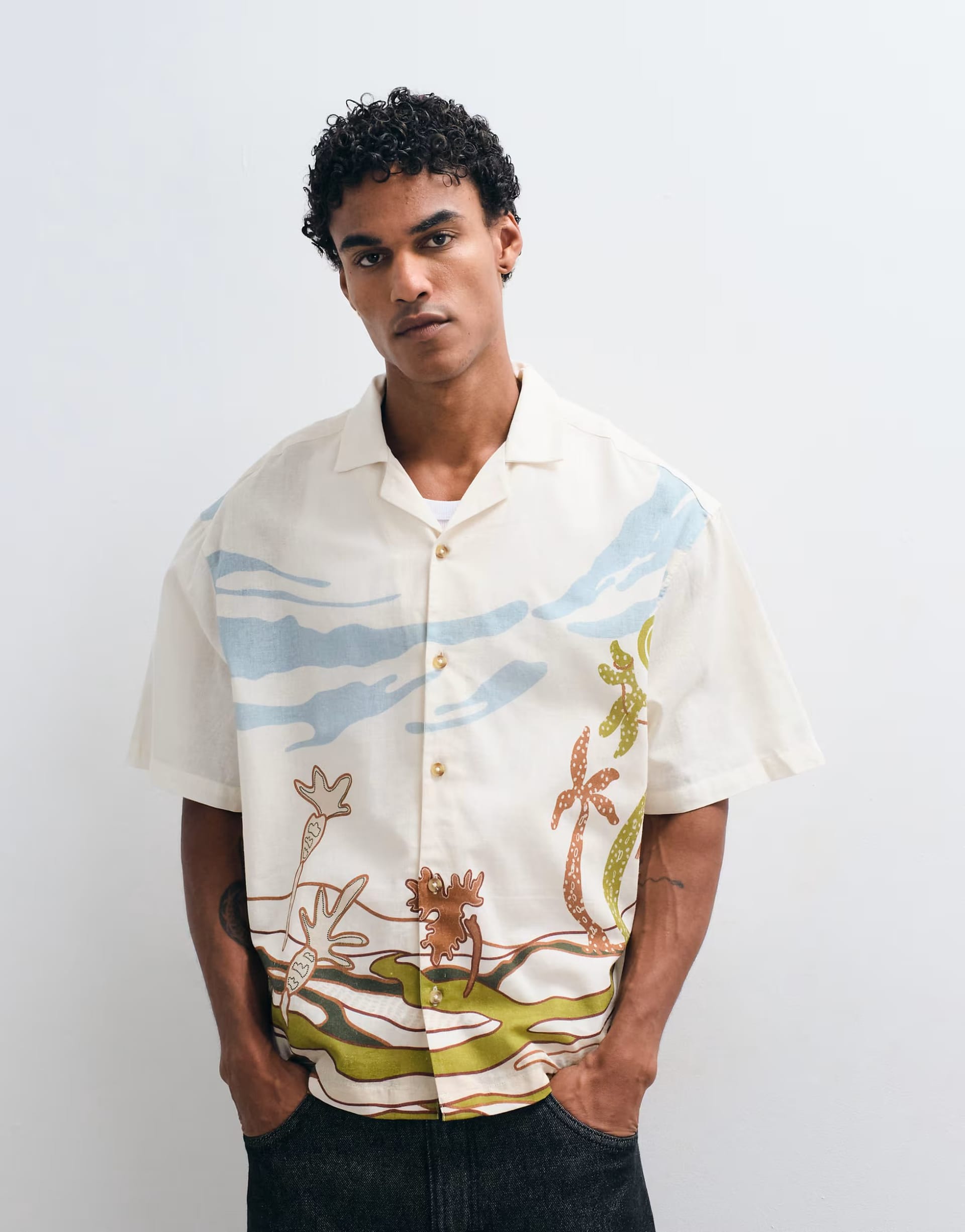 Asos Design Boxy Oversized Printed Shirt With Linen In Multi