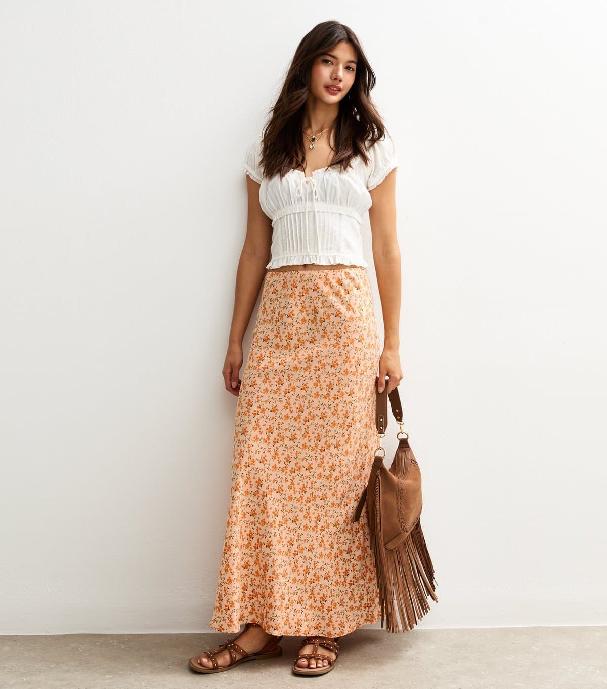 New Look Women's Orange Floral Print Bias Cut Midi Skirt New Look