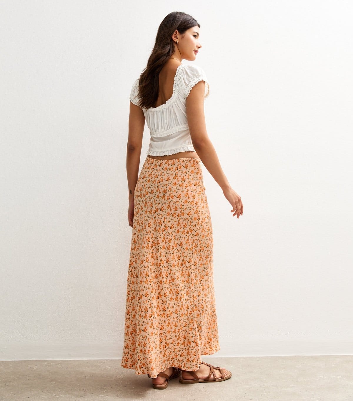 New Look Women's Orange Floral Print Bias Cut Midi Skirt New Look - 4