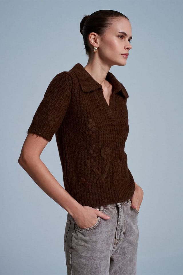 Dilvin Dilvin Women's Textured Ribbed Polo-collar Sweater in Brown - 2