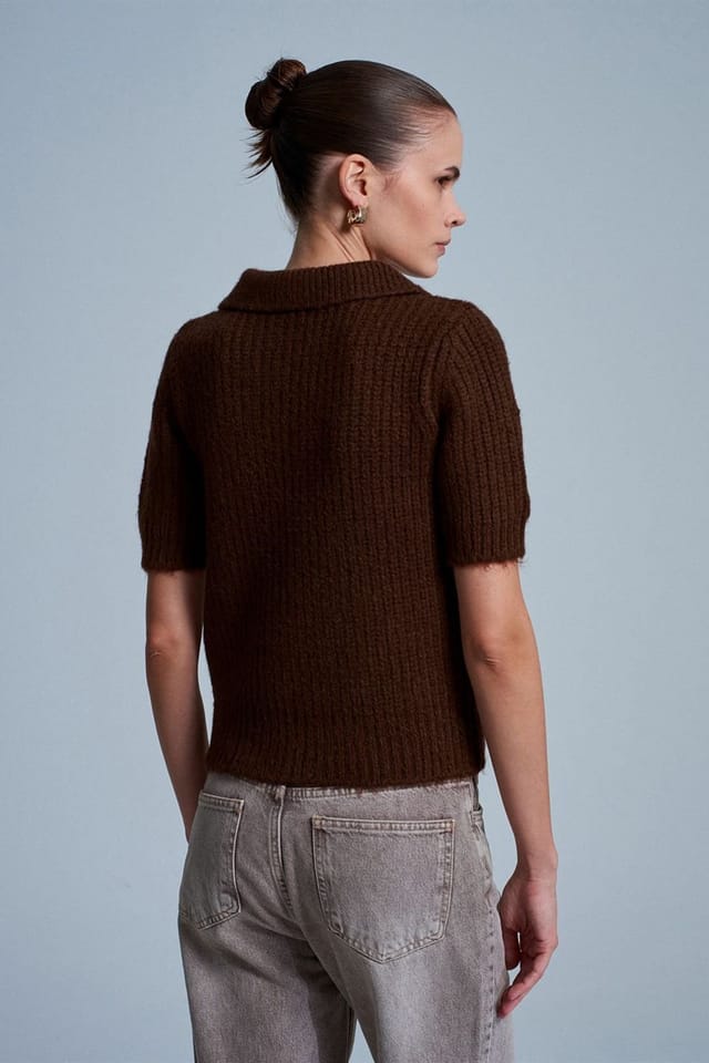 Dilvin Dilvin Women's Textured Ribbed Polo-collar Sweater in Brown - 3