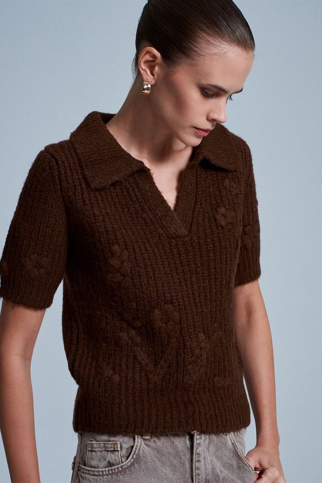 Dilvin Dilvin Women's Textured Ribbed Polo-collar Sweater in Brown - 4