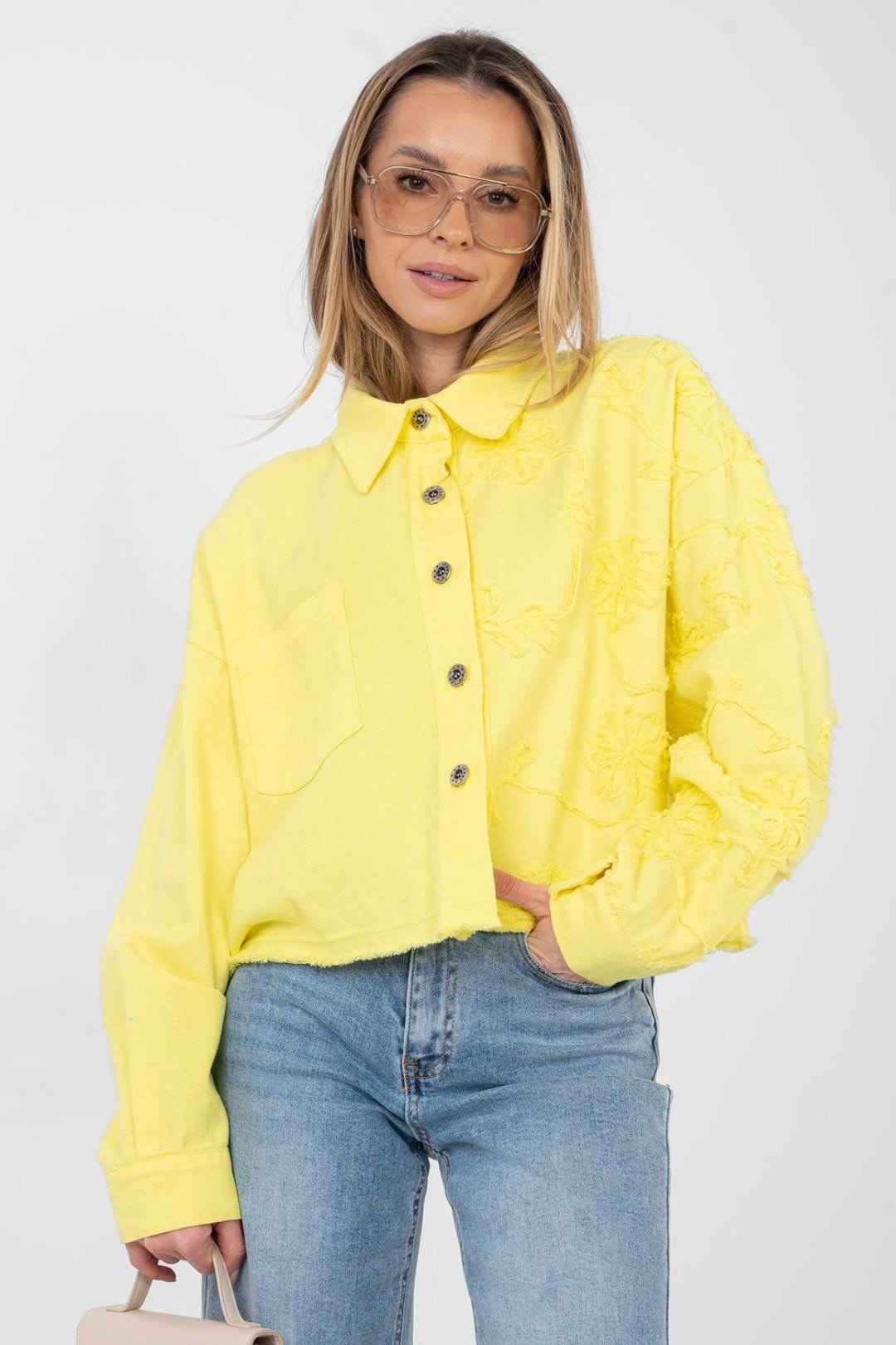 Love Lace Yellow Embroidered Flower Denim Jacket