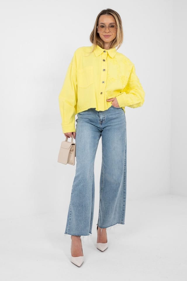 Love Lace Love Lace Women's Embroidered Flower Fray Hem Denim Jacket in Yellow - 2