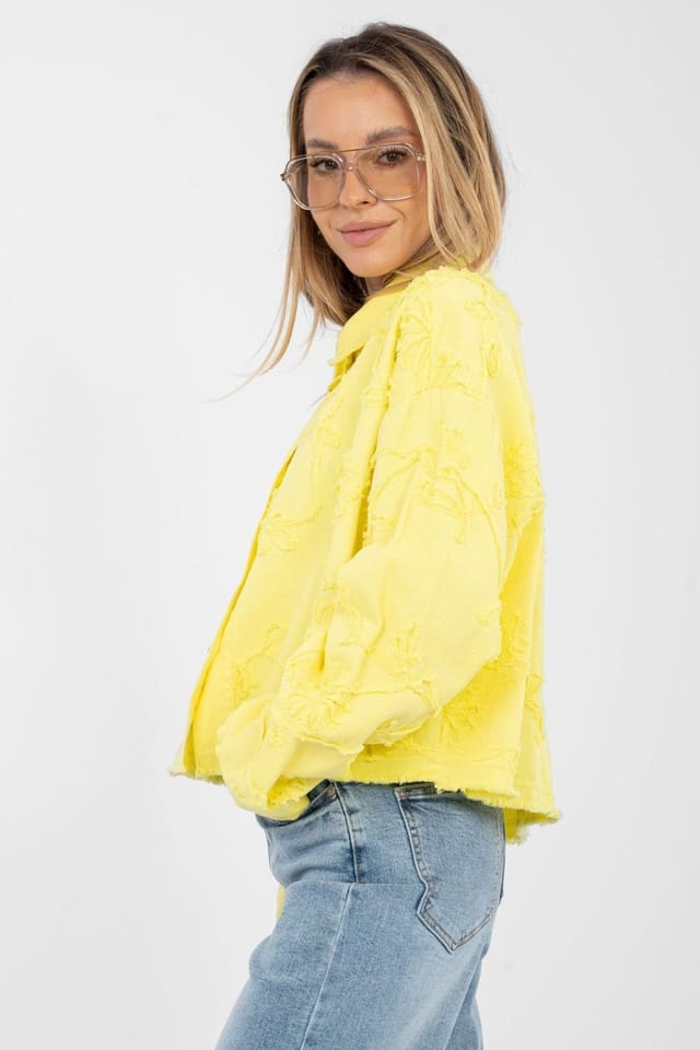 Love Lace Love Lace Women's Embroidered Flower Fray Hem Denim Jacket in Yellow - 3