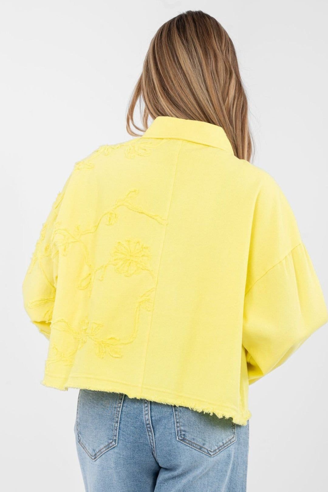Love Lace Love Lace Women's Embroidered Flower Fray Hem Denim Jacket in Yellow - 4