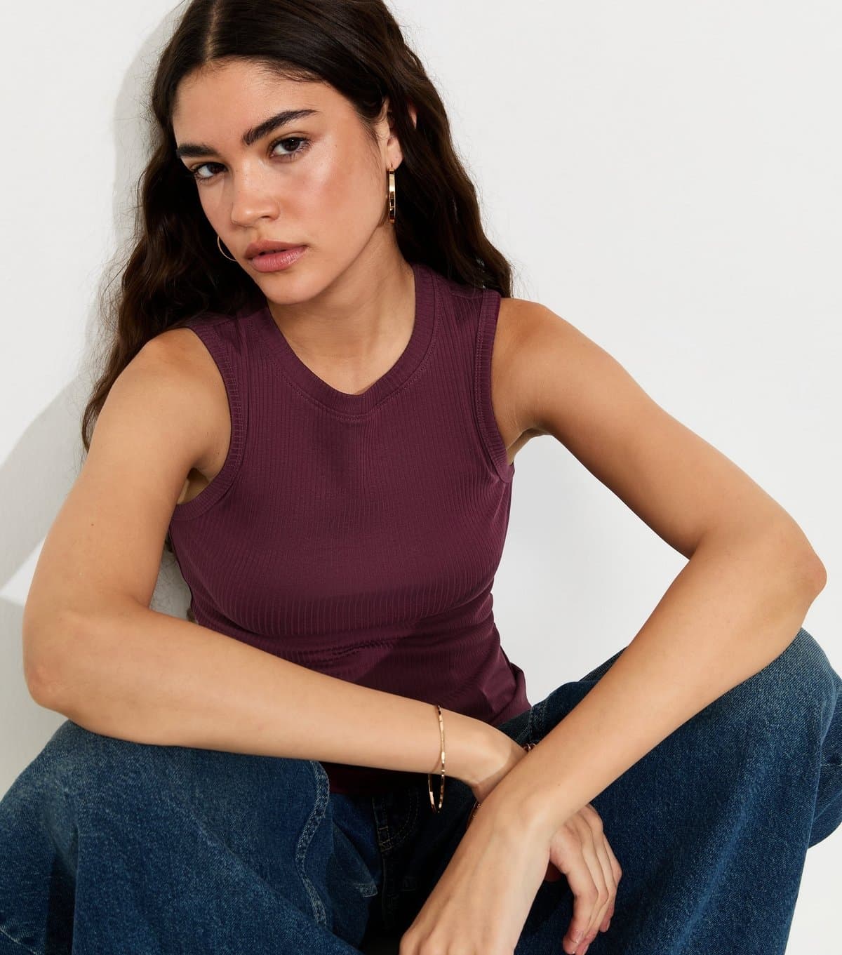 New Look New Look Dark Burgundy Cotton Rich Ribbed Tank Top