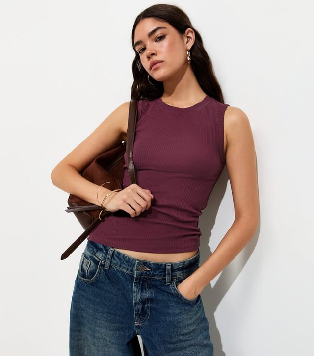 New Look Women's Dark Burgundy Cotton Rich Ribbed High Neck Tank Top New Look - 2