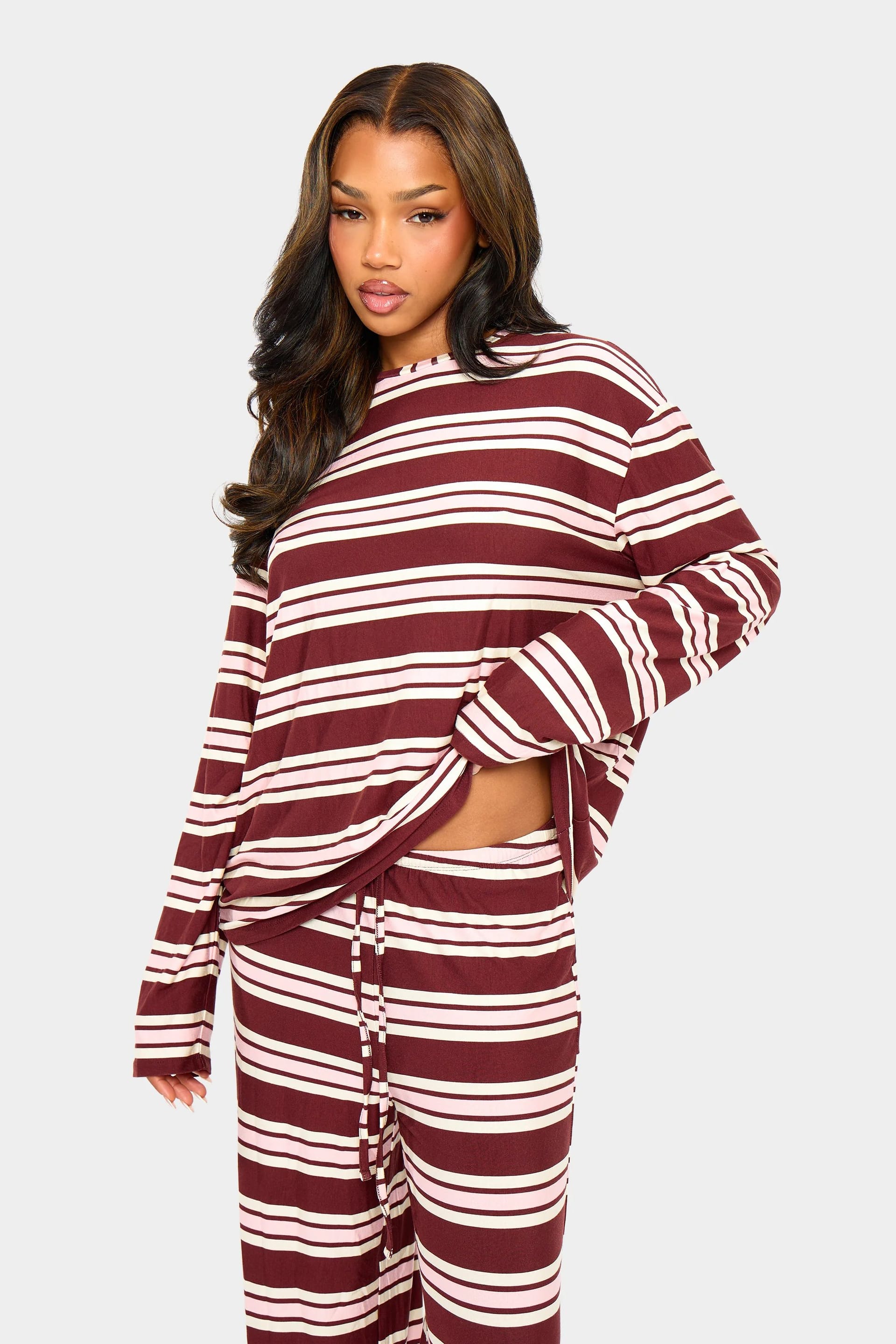 Kaiia Burgundy & Pink Striped Oversized Long Sleeve T-shirt