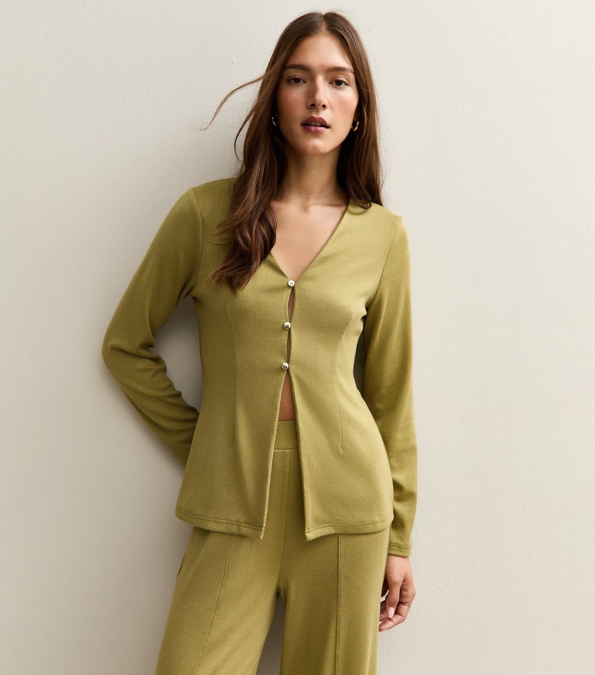 New Look Women's Dark Khaki Soft Touch Front Seam Wide Leg Trousers New Look