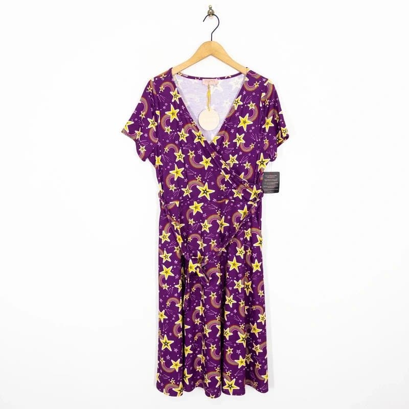 Popsy Popsy Midi Dress Size 16 NEW Purple Rainbow Star Print Short Sleeve Belted