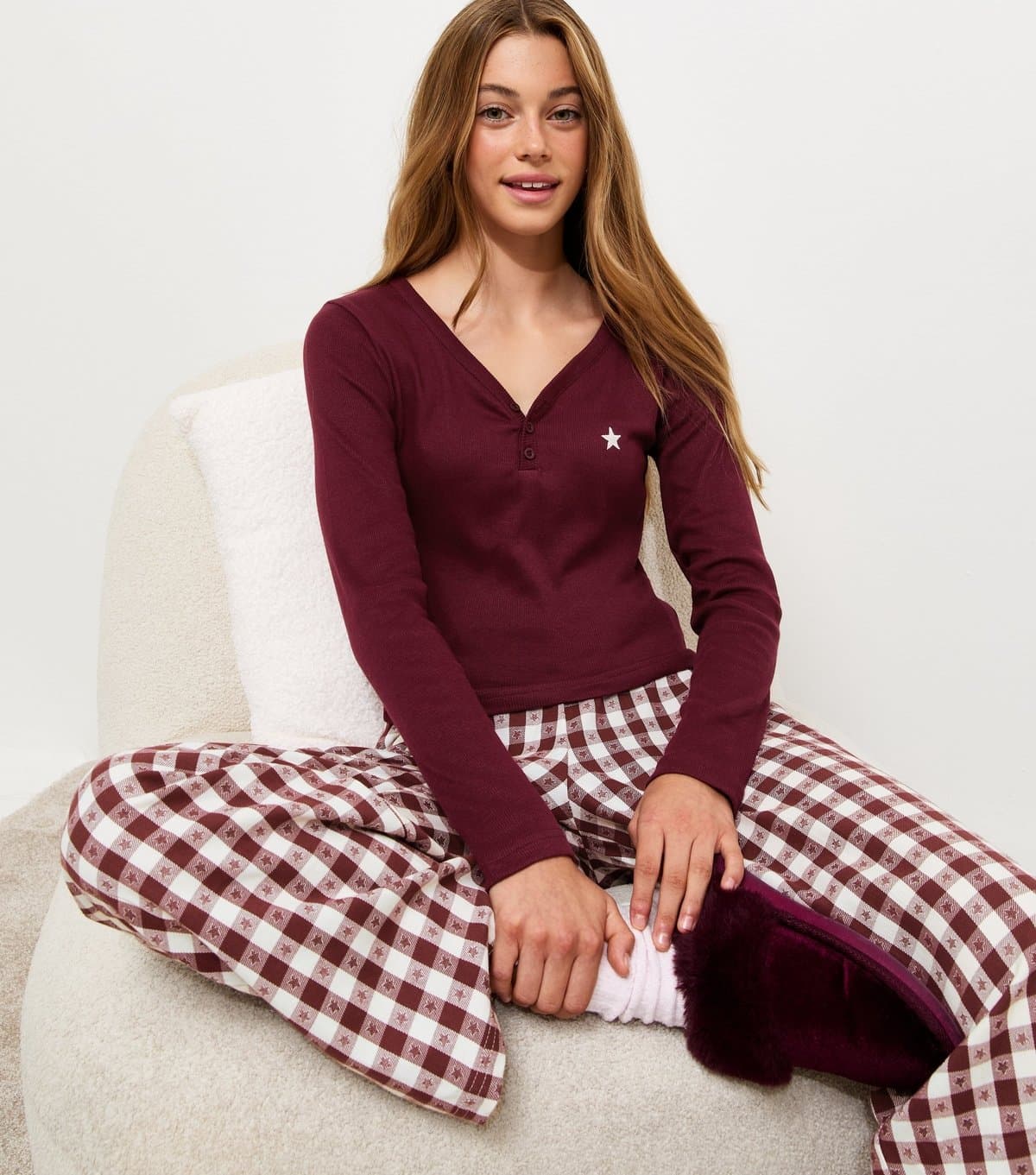 New Look Girls' Dark Burgundy Check Long Sleeve Top and Trousers Pyjama Set New Look