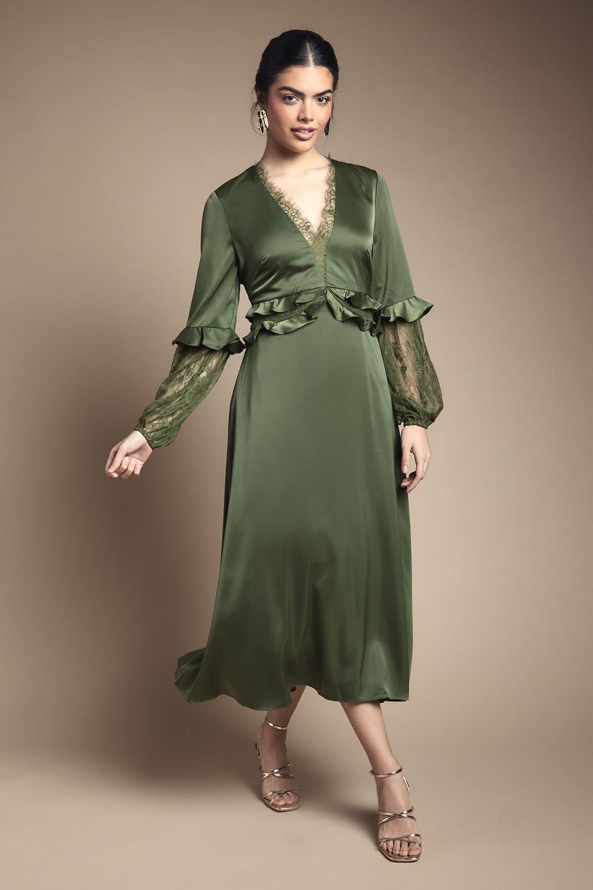 Oasis Oasis Women's Lace Sleeve Frill Waist V Neck Midi Dress in Olive