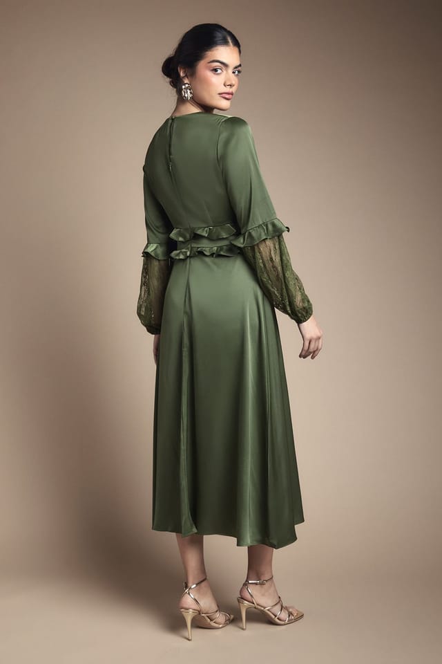 Oasis Oasis Women's Lace Sleeve Frill Waist V Neck Midi Dress in Olive - 3