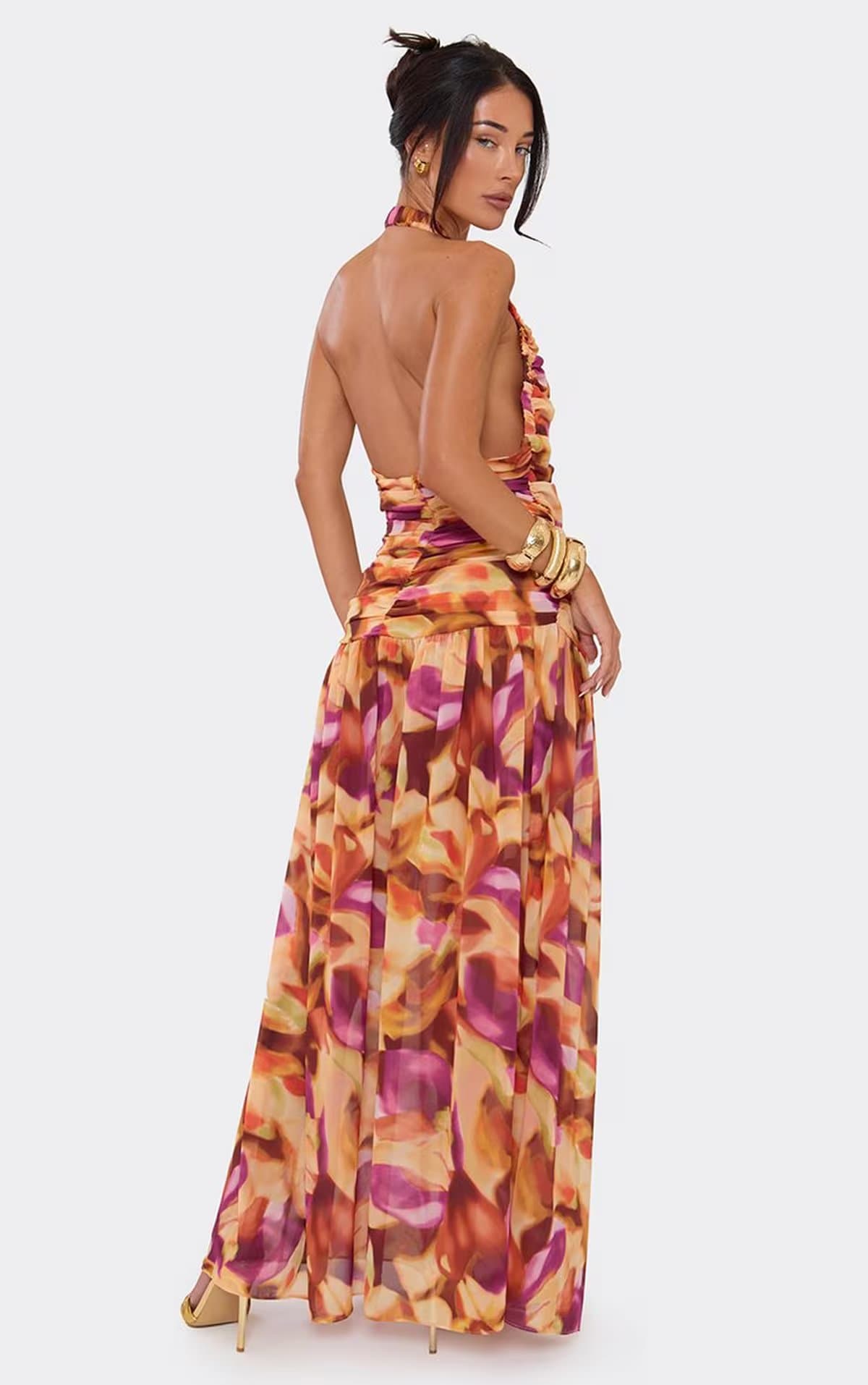 EGO Halterneck Plunge Front Ruched Maxi Dress In Multi Abstract Print, Women's Size UK 6