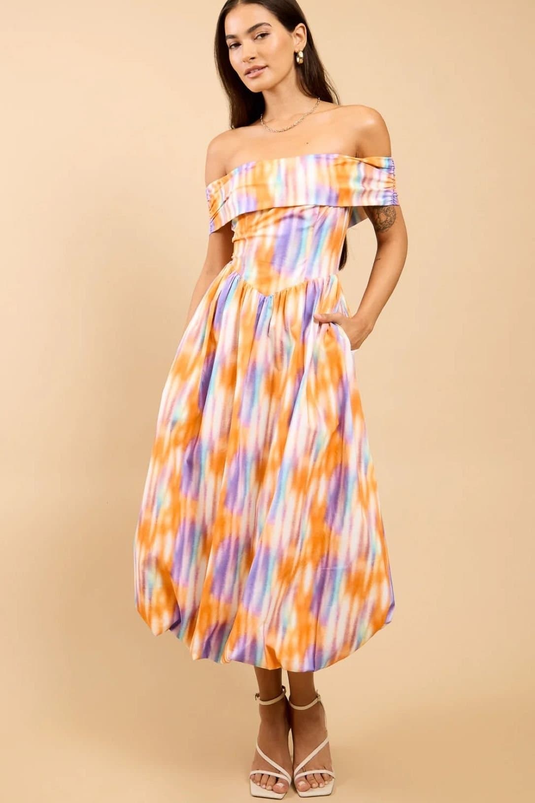 Little Mistress Little Mistress Women's Blur Print Bardot Midaxi Dress