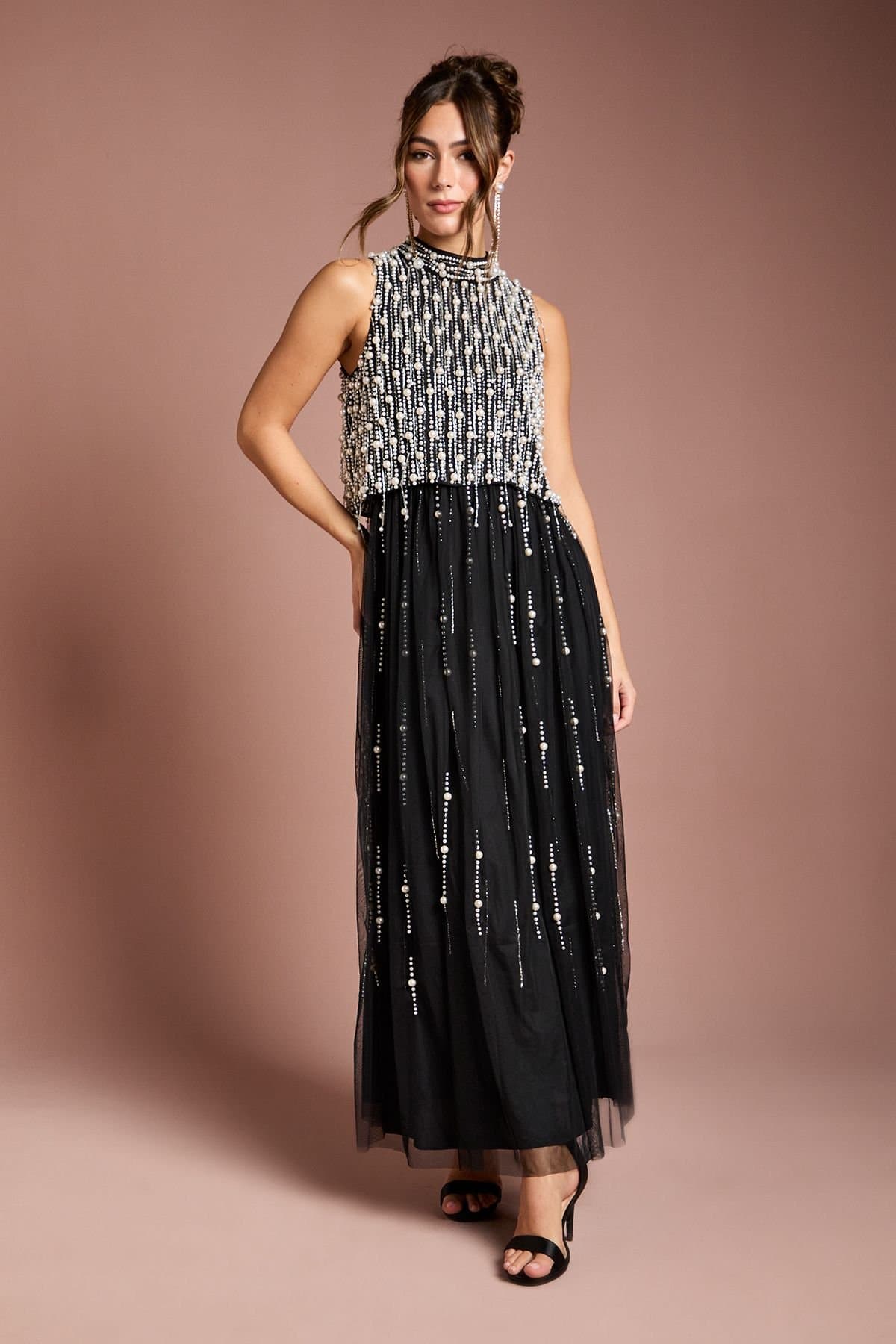 Coast Coast Women's Pearl Beaded Overlay Georgette Maxi Dress in Black