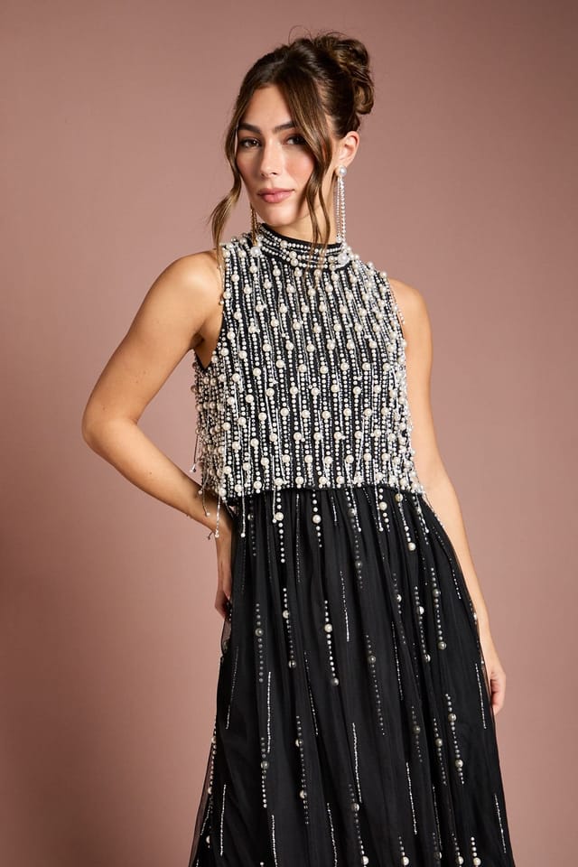 Coast Coast Women's Pearl Beaded Overlay Georgette Maxi Dress in Black - 2
