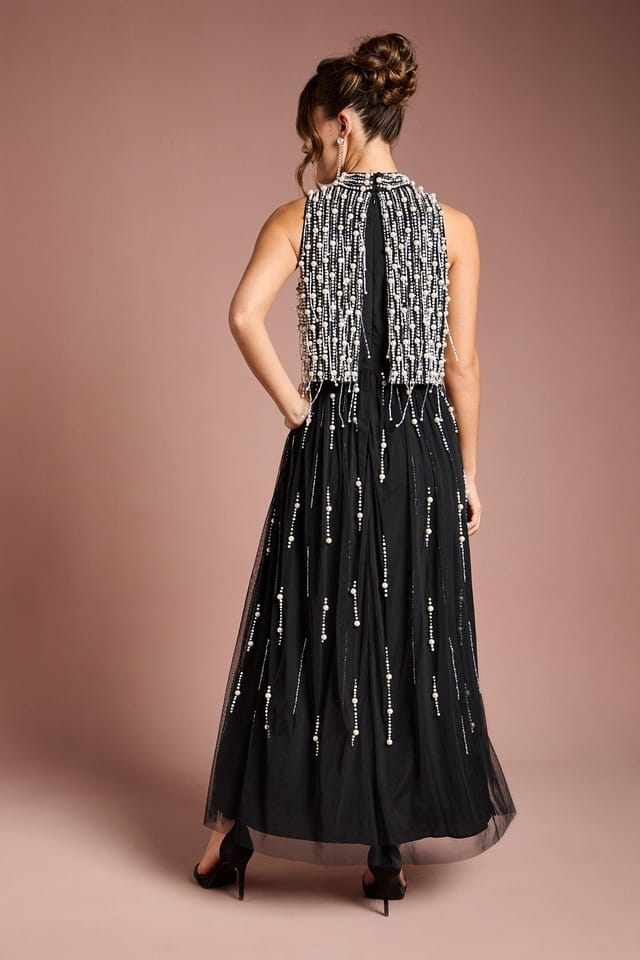Coast Coast Women's Pearl Beaded Overlay Georgette Maxi Dress in Black - 3