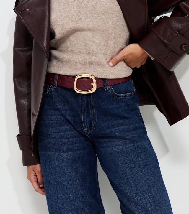 New Look Dark Burgundy Faux Leather Irregular Square Buckle Belt New Look - 2