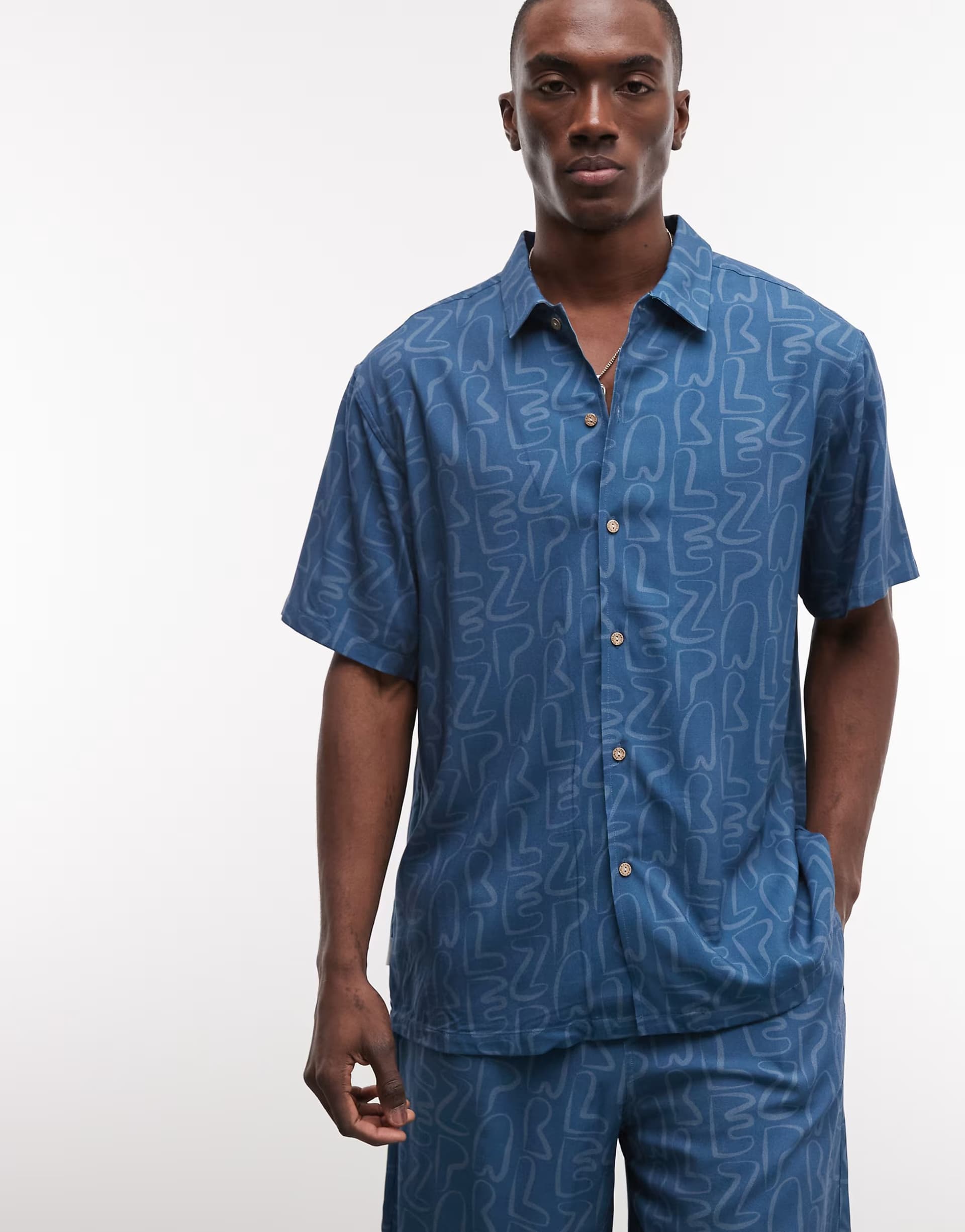 ASOS Parlez short sleeve stamp geometric pattern button up co-ord shirt in mid blue