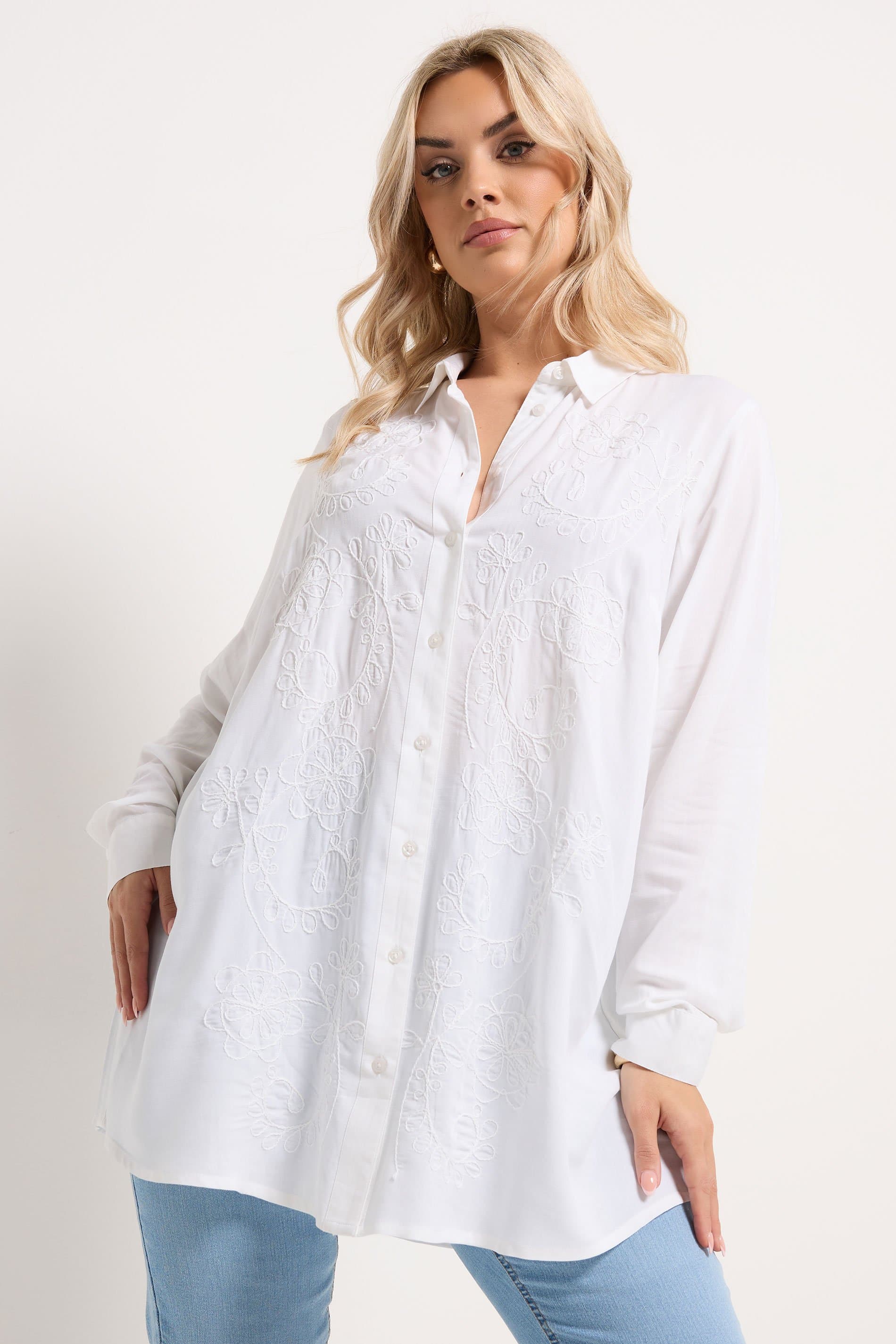 Yours Plus Size White Embroidered Placket Shirt