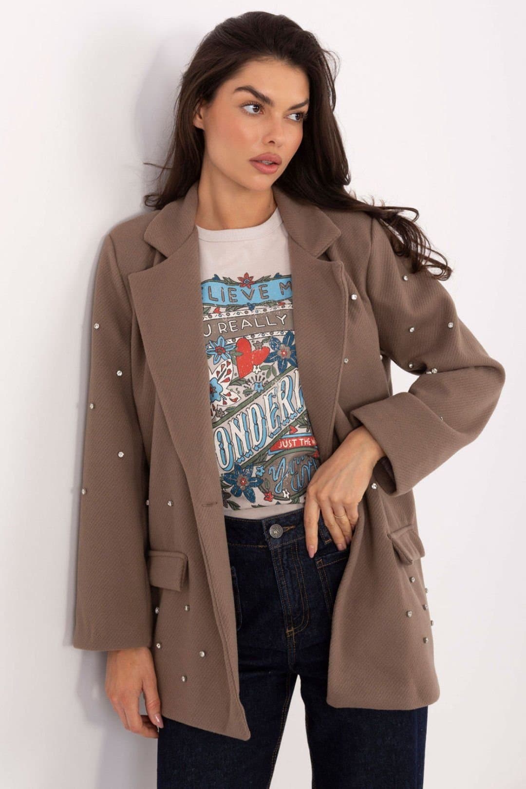 Love Lace Love Lace Women's Cubic Zirconia Embellished Formal Blazer in Beige