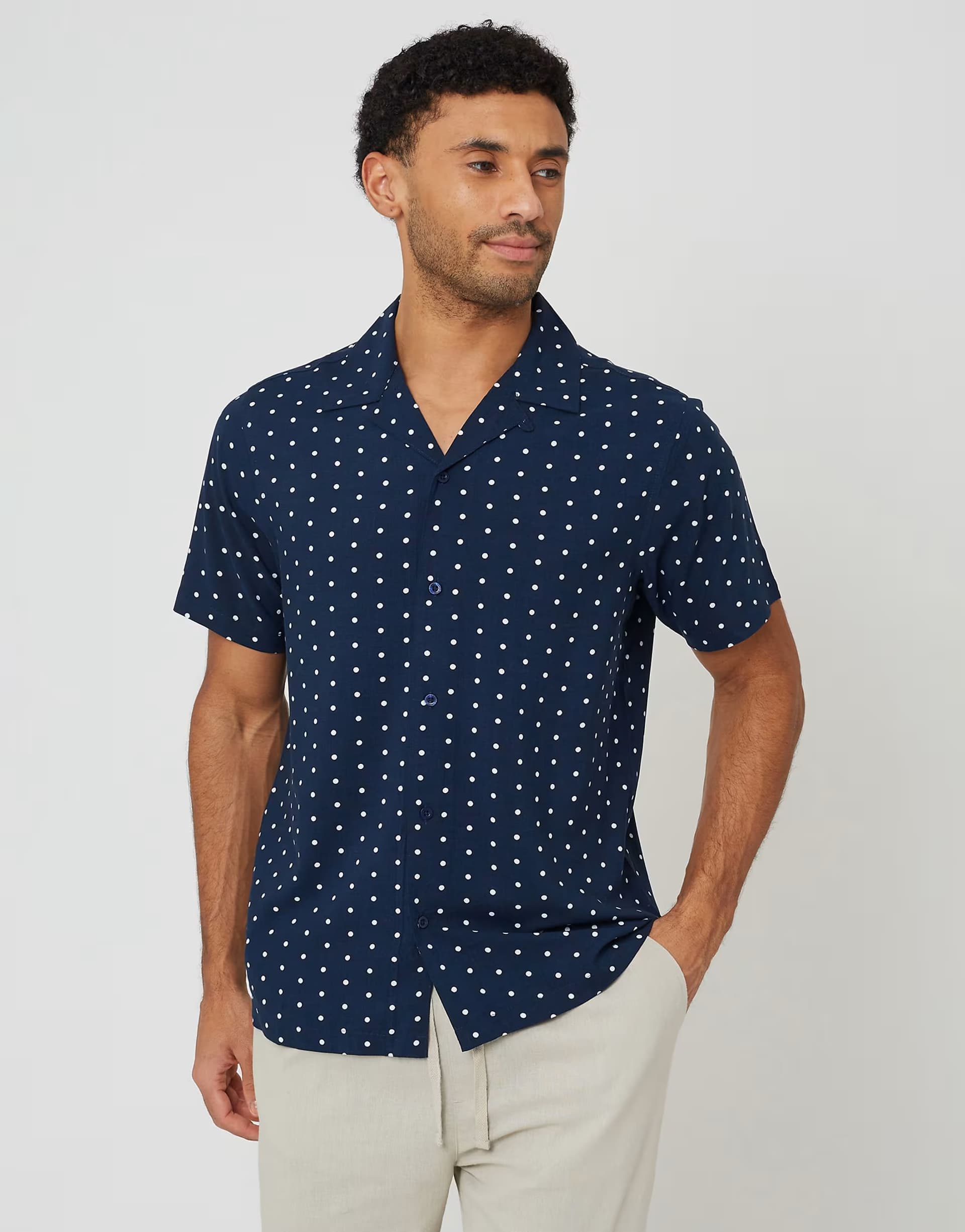 ASOS Brave Soul Revere collar polka dot short sleeve shirt in navy