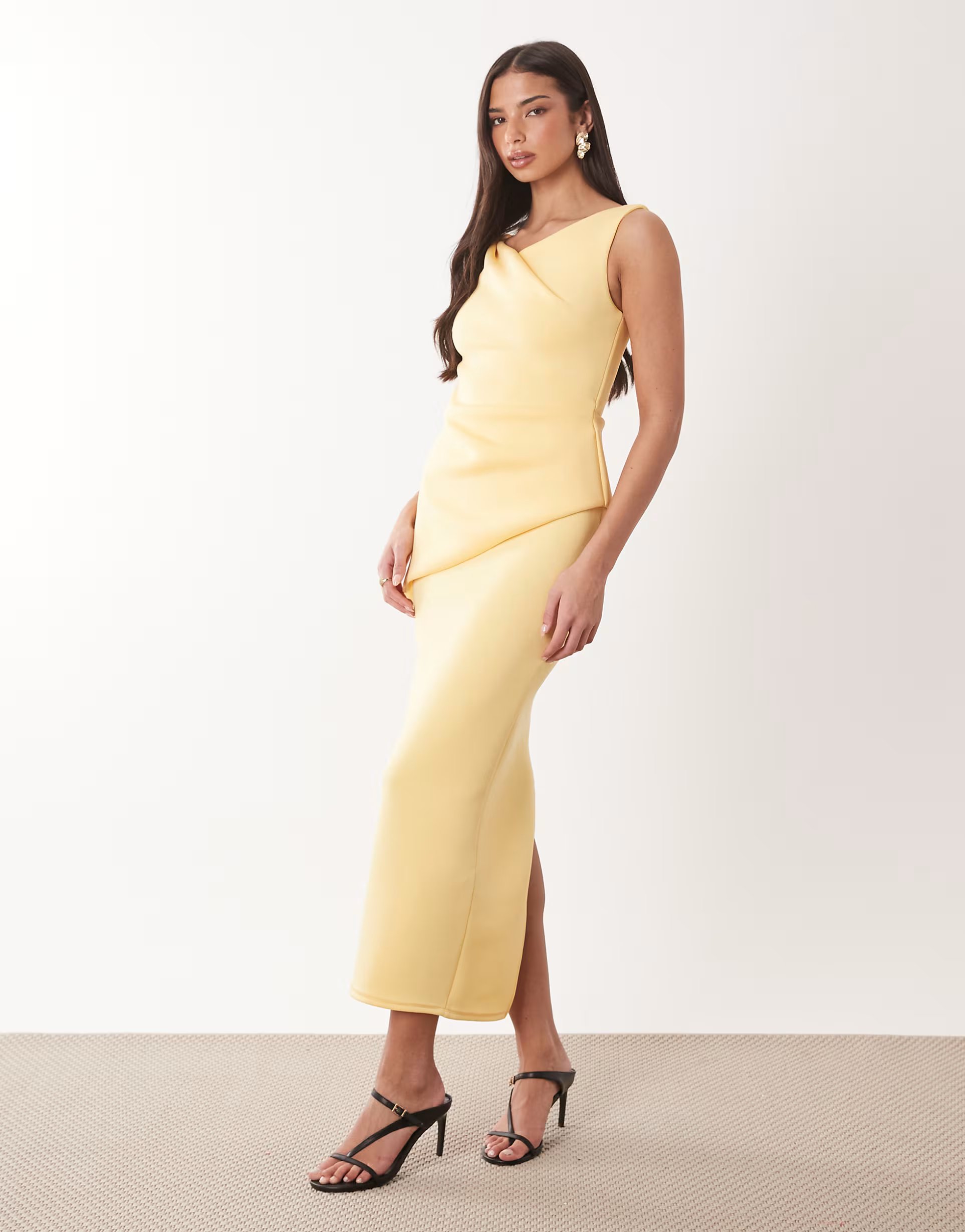 ASOS ASOS DESIGN drape asymmetric midi dress in lemon scuba-style fabric - 1