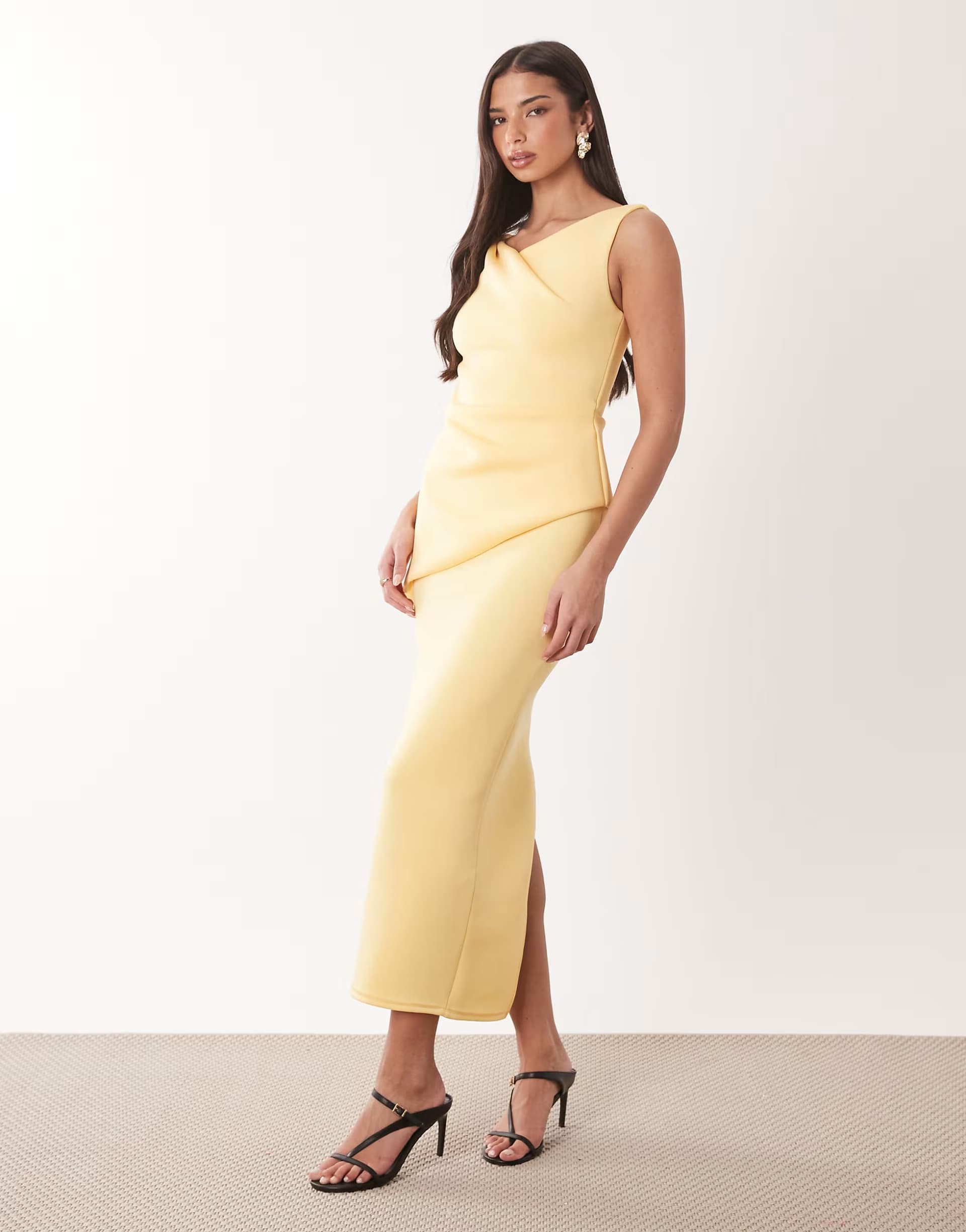 ASOS ASOS DESIGN drape asymmetric midi dress in lemon scuba-style fabric