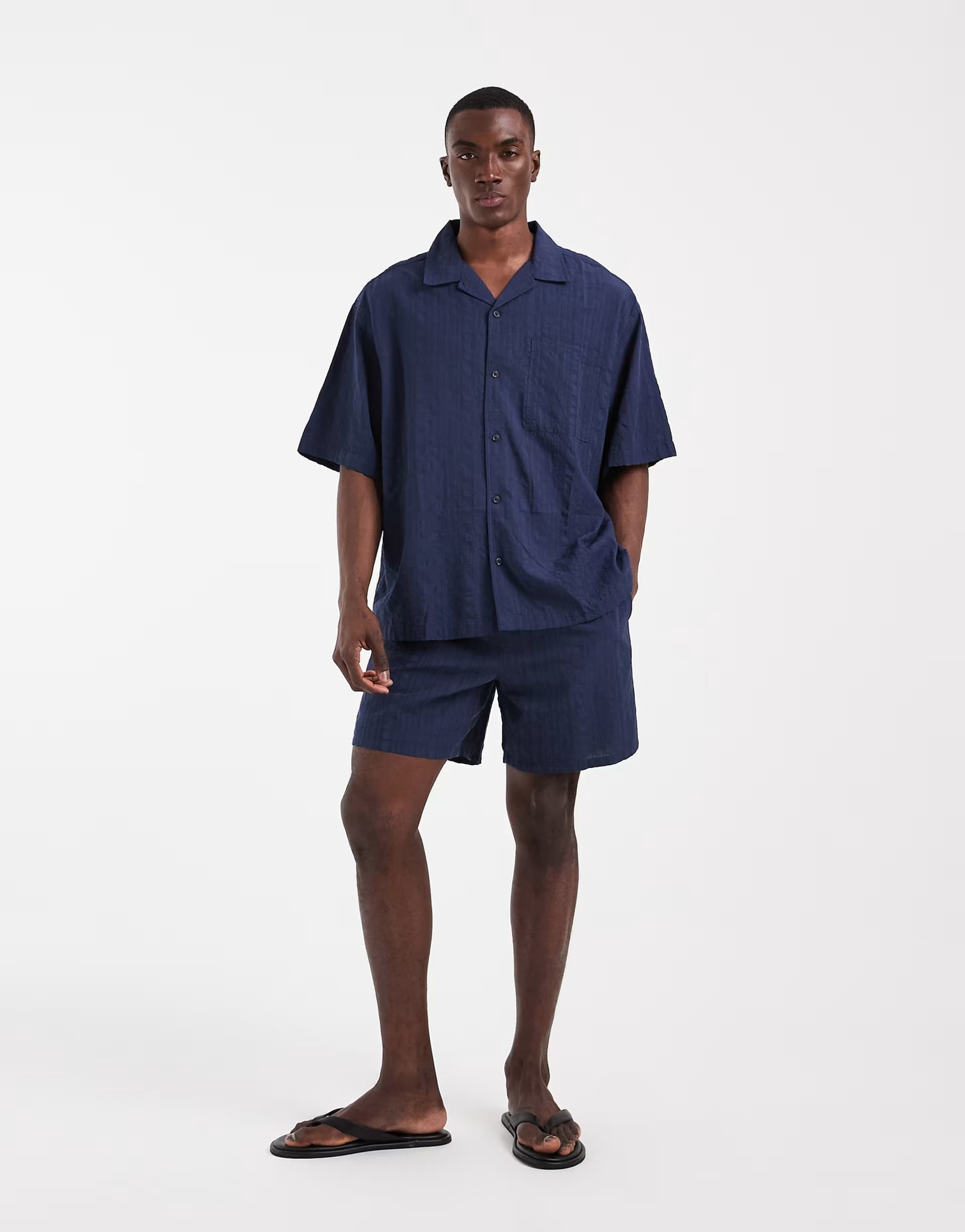 ASOS ASOS DESIGN co-ord oversized revere seersucker shirt in navy