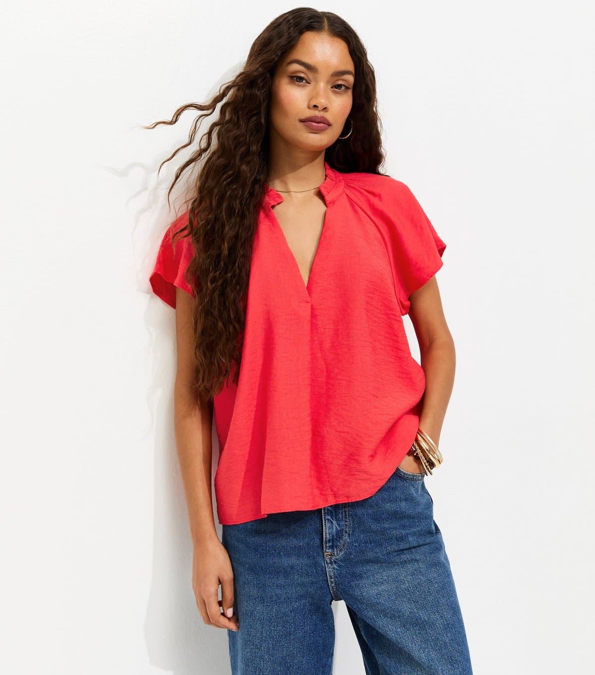 New Look Women's Petite Dark Pink Flutter Sleeve Blouse New Look