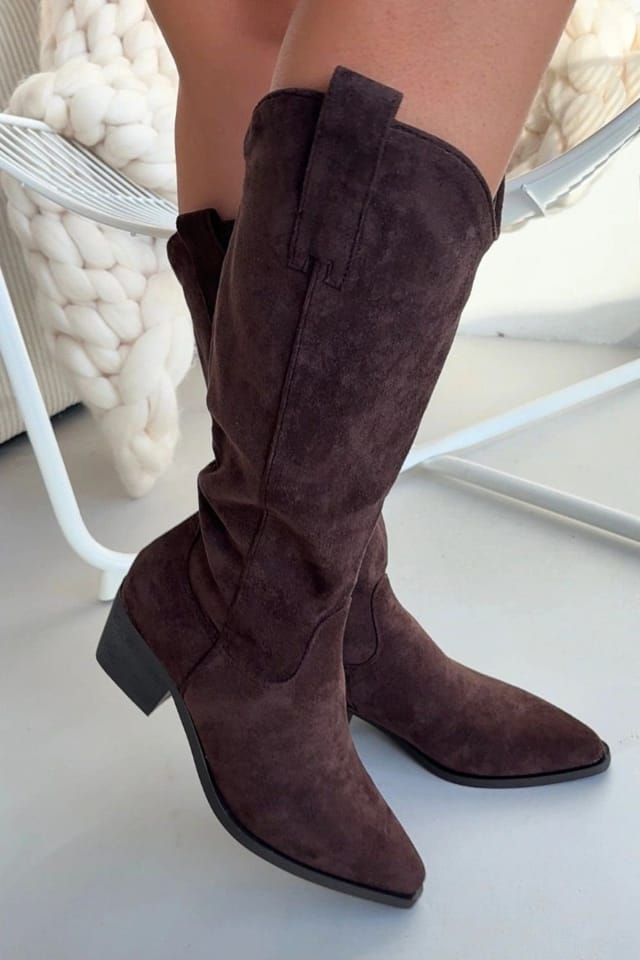 Love Lace Love Lace Women's Cowgirl Heel Boots Suede Slip On Zip Pointed Toe Comfort in Brown - 2