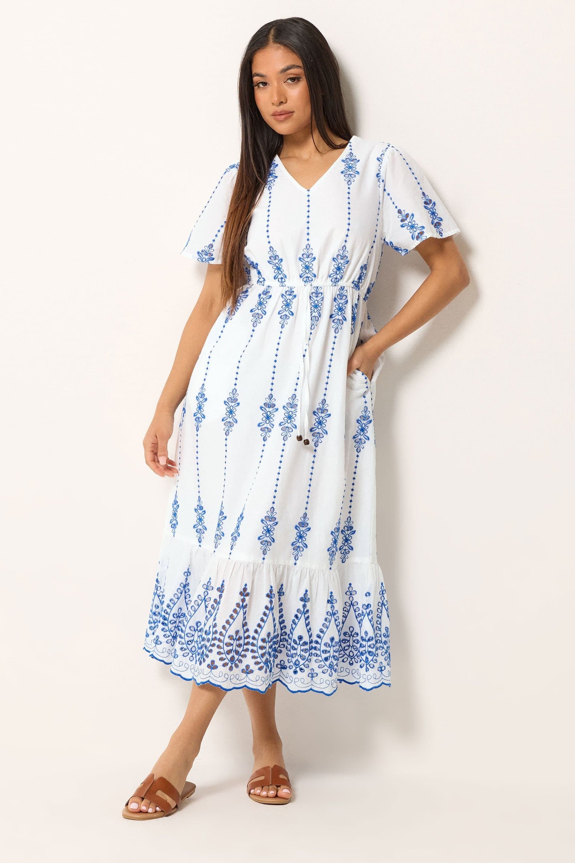 M&Co M&Co Women's Petite Broderie Cotton Dress in White
