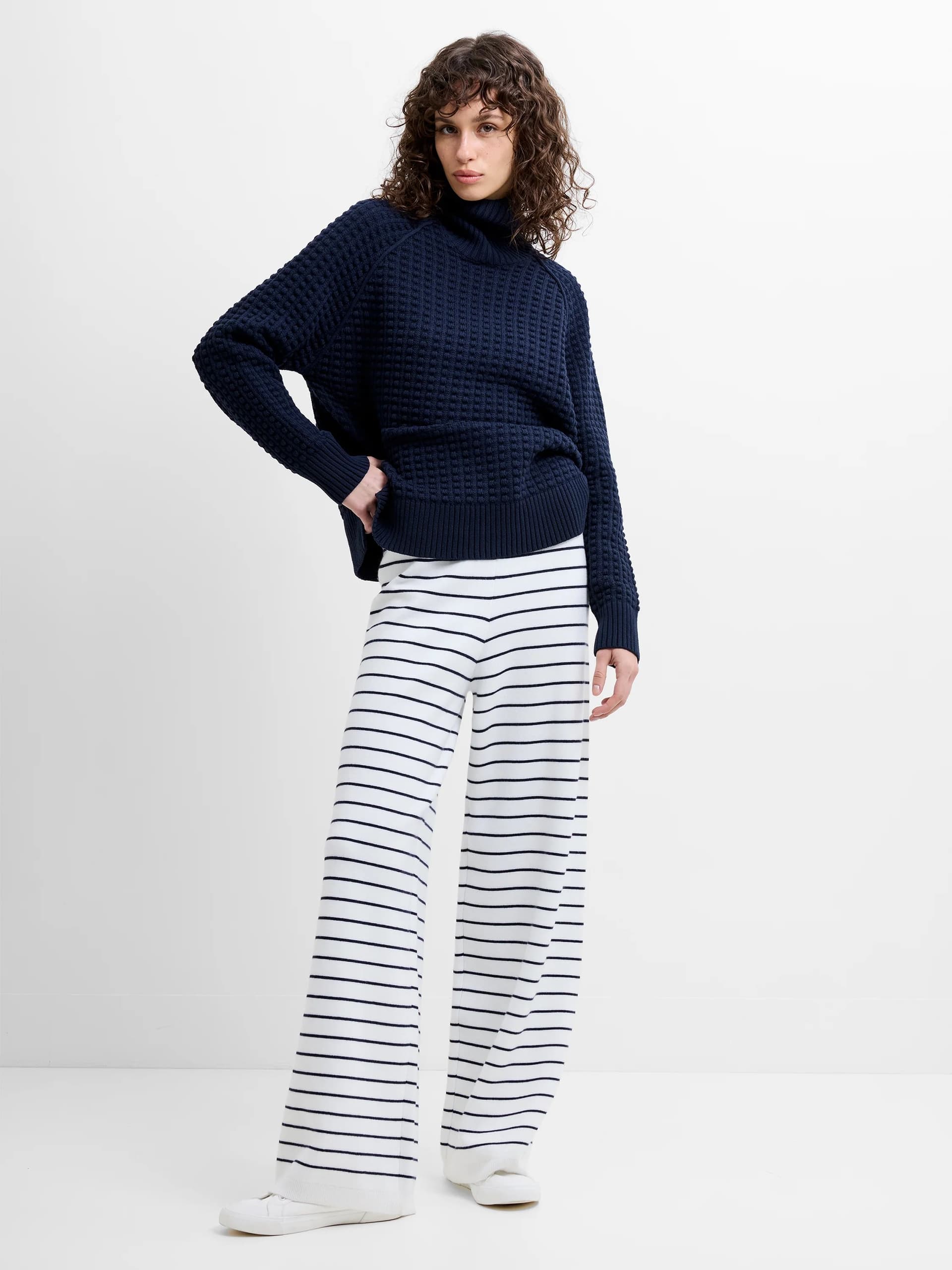 French Connection French Connection White/Marine Striped Knit Wide Leg Trousers