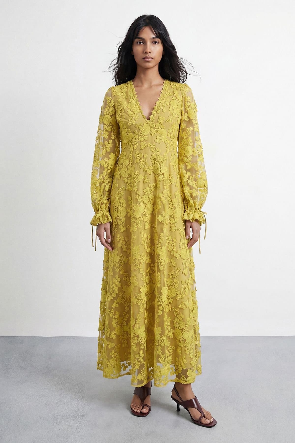 Warehouse Warehouse Women's Embroidered Organza Open Back Detail Maxi Dress in Chartreuse