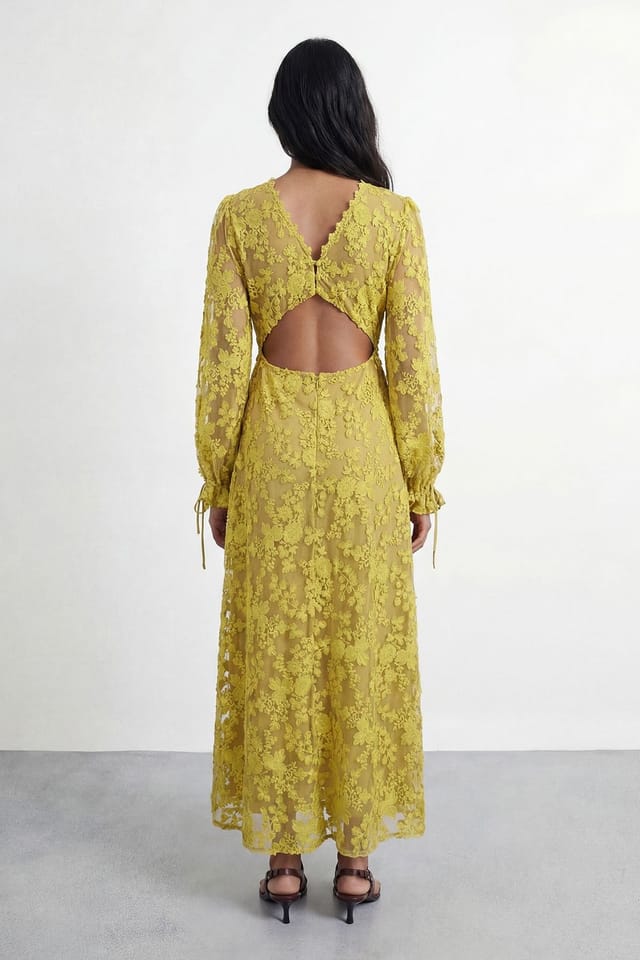 Warehouse Warehouse Women's Embroidered Organza Open Back Detail Maxi Dress in Chartreuse - 2