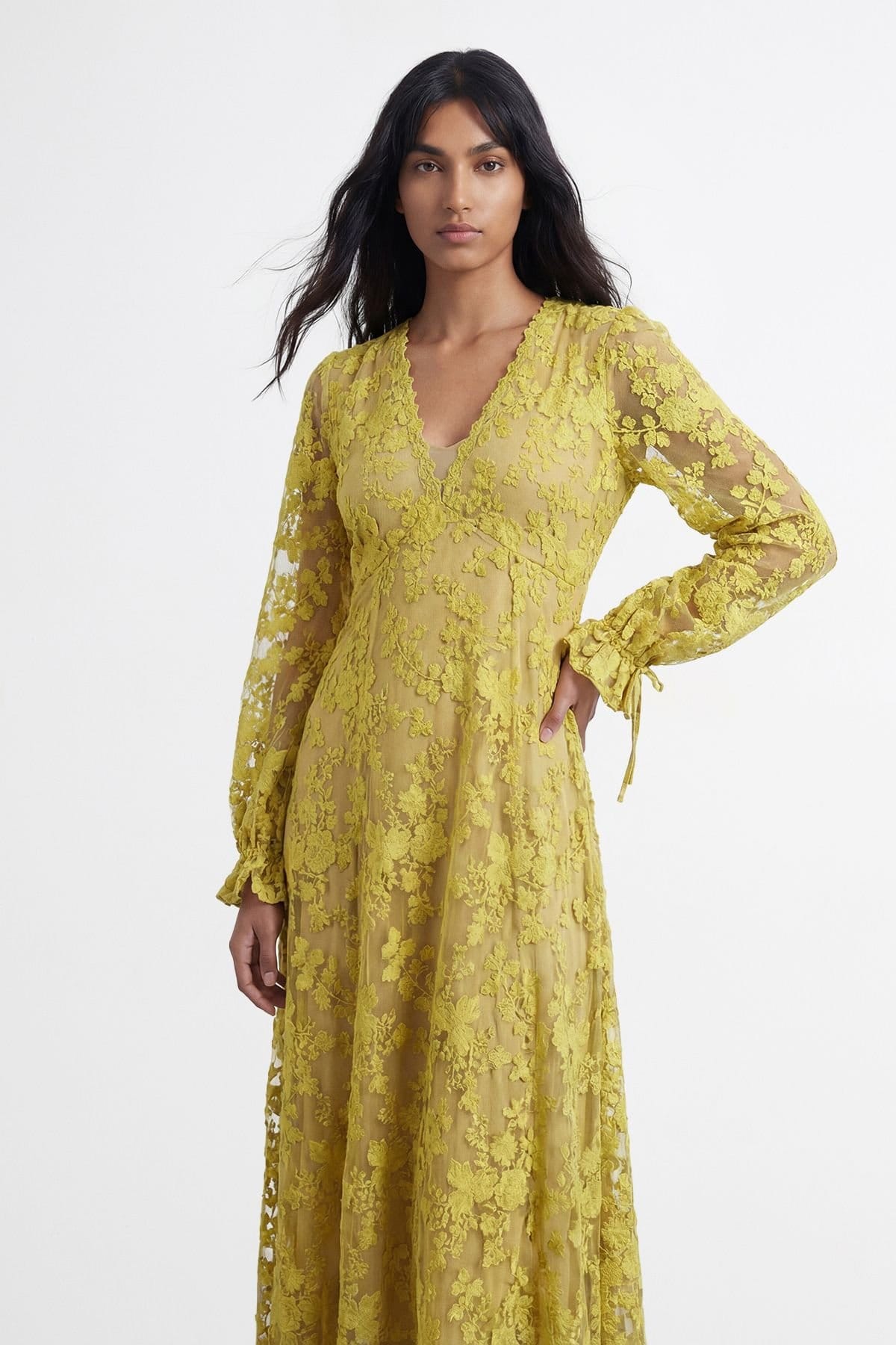 Warehouse Warehouse Women's Embroidered Organza Open Back Detail Maxi Dress in Chartreuse - 4