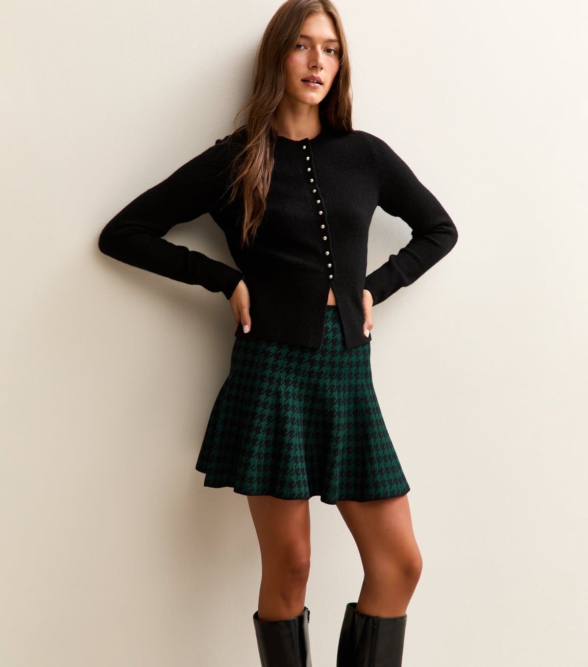 New Look Women's Green Dogtooth Check A-Line Mini Skirt New Look