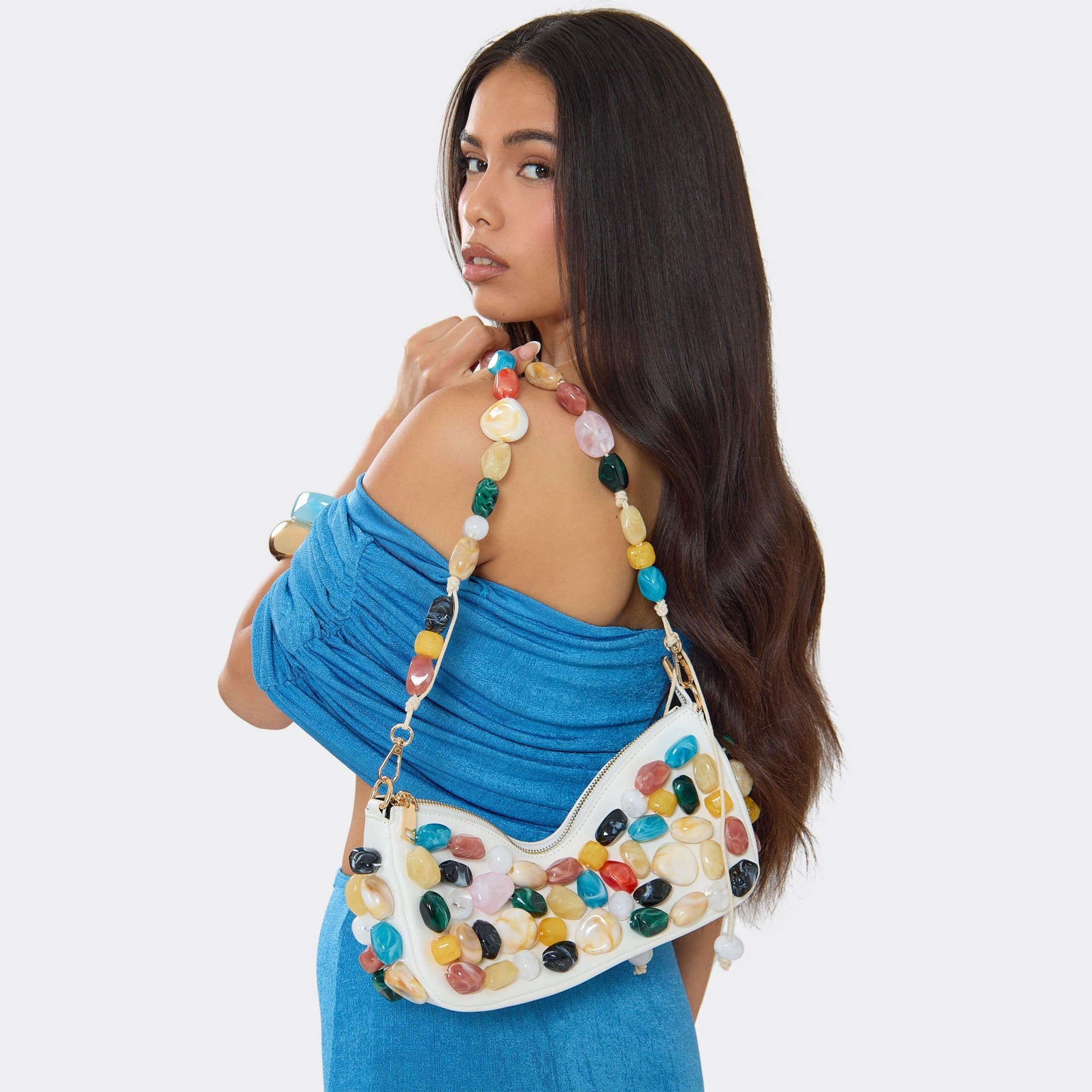 EGO EGO White Faux Leather Bead Detail Rectangle Shoulder Bag