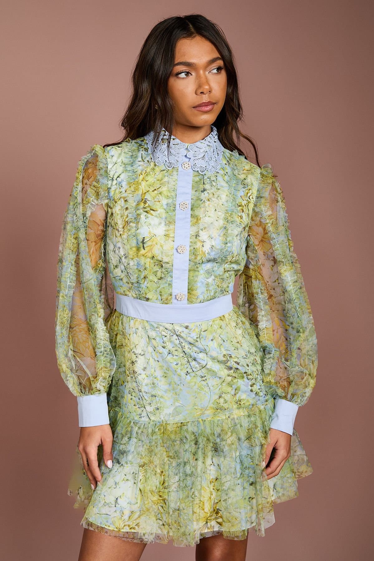 Coast Coast Women's Collared Printed Mesh Mini Dress in Yellow