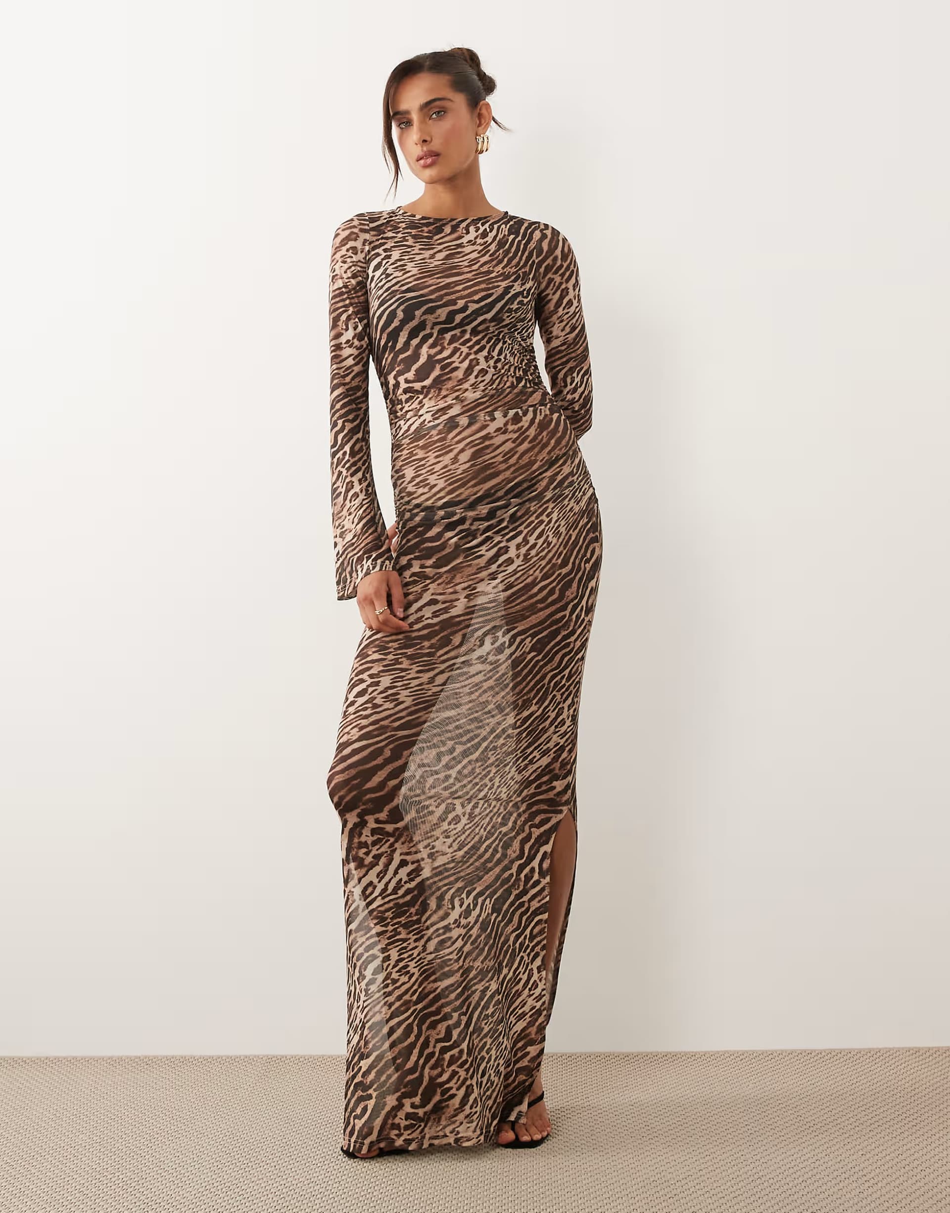 ASOS Ruched & Ready mesh flared long sleeve maxi dress in leopard print
