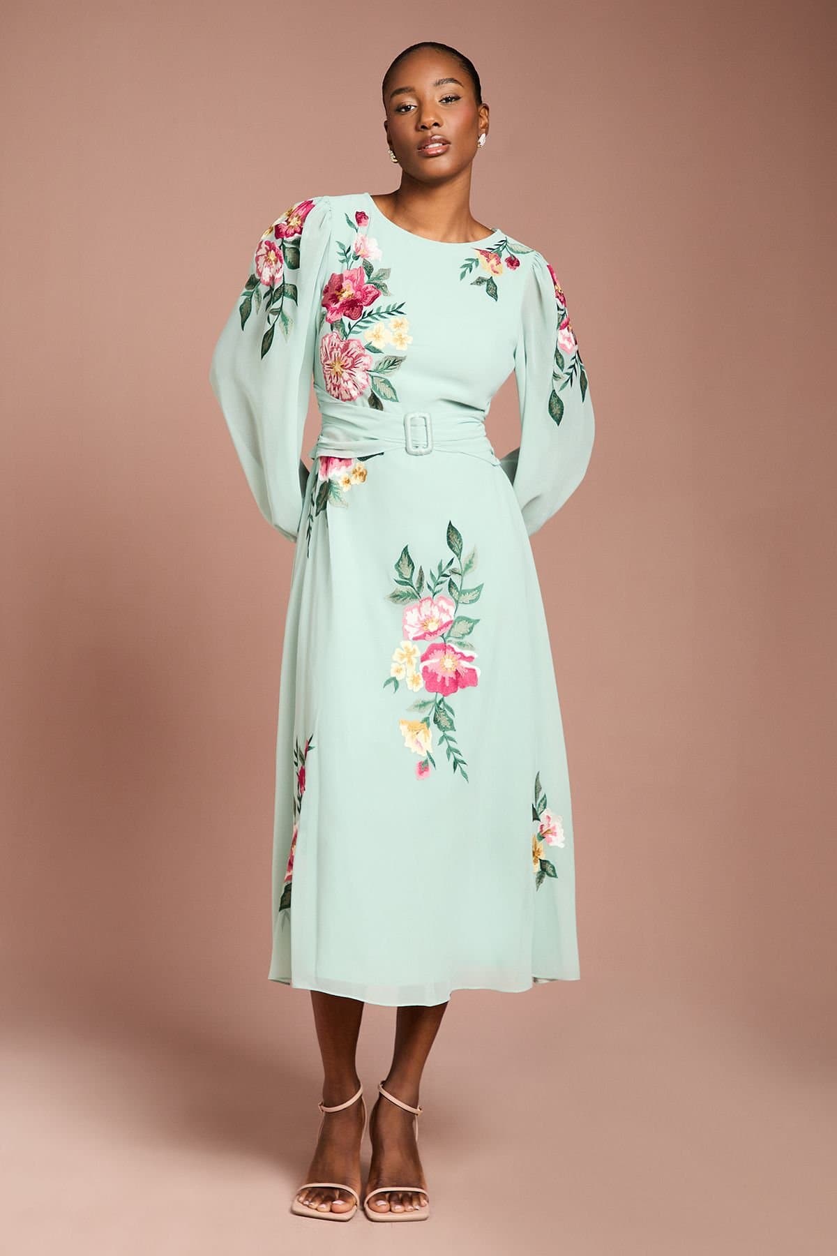 Coast Coast Women's Embroidered Long Sleeve Belted Midi Dress in Sage