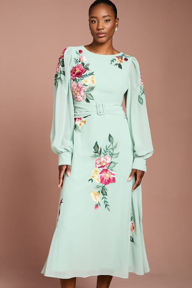 Coast Coast Women's Embroidered Long Sleeve Belted Midi Dress in Sage - 2